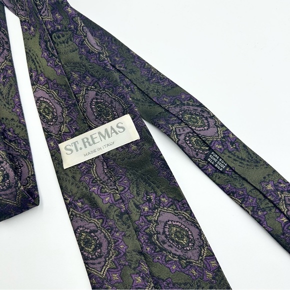 Vintage St. Remas Dark Green Paisley Pattern  Silk Neck Tie Made in Italy - Picture 5 of 6